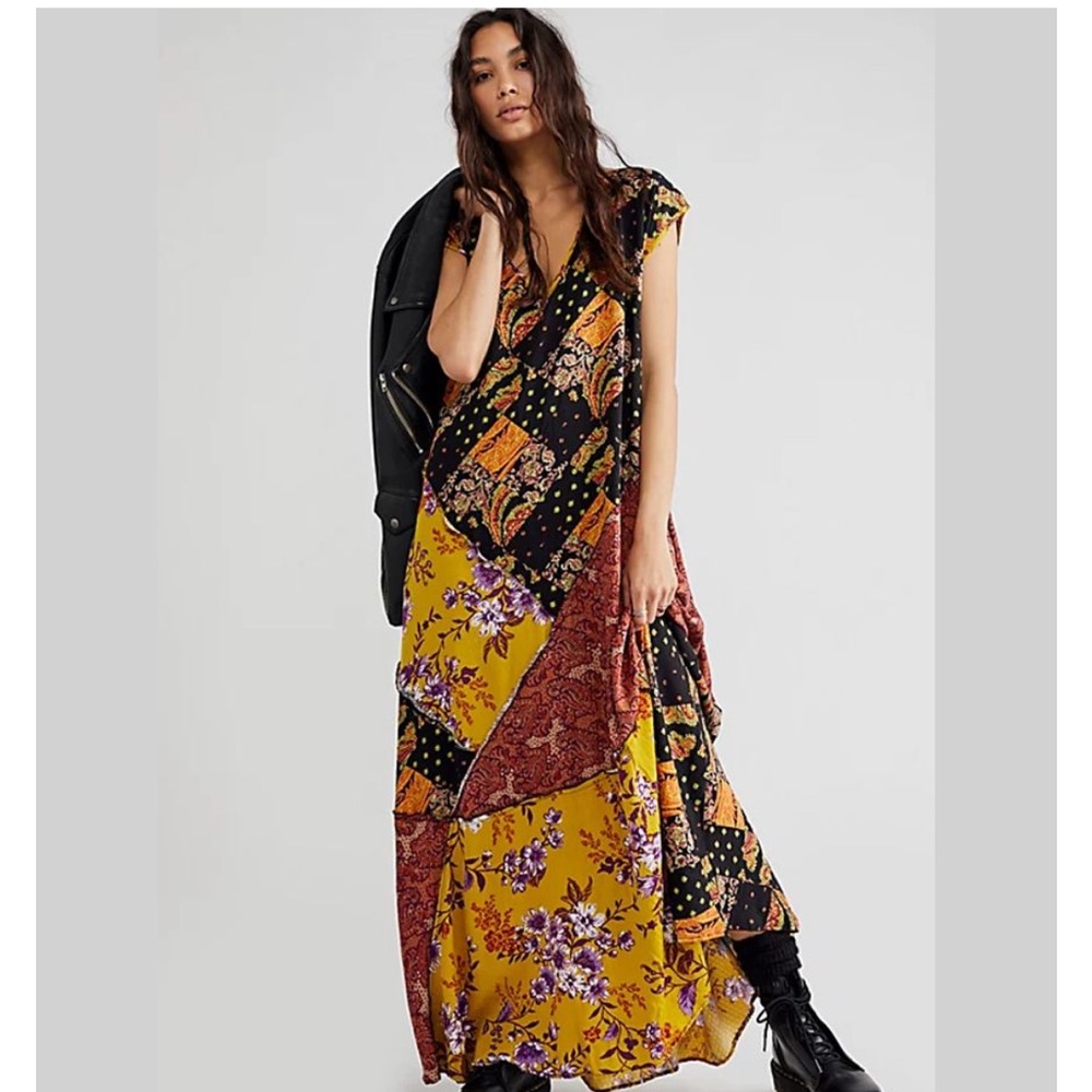 Free People Desert Flower Patched Maxi Dress Size XS Brown  Combo